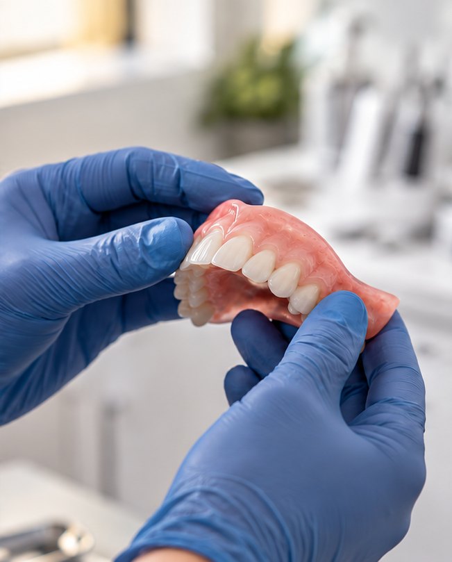A Dental Prosthetist checking a partial denture by hand