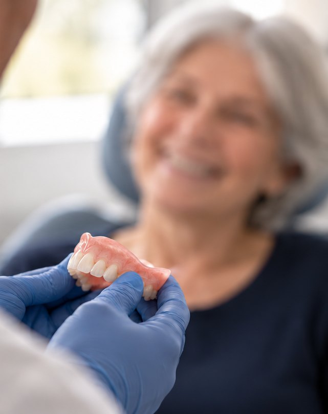 A Dental Prosthetist showing a denture to a patient in the clinic
